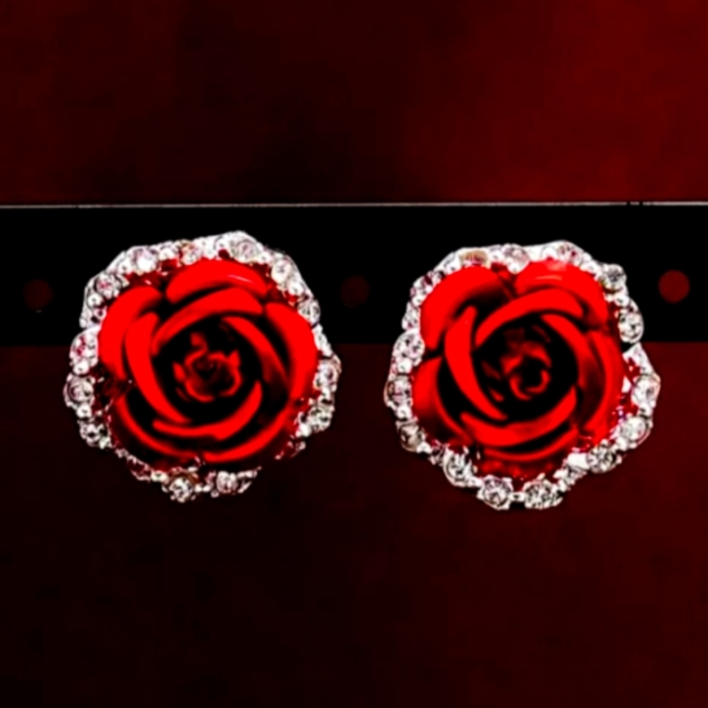 3D Red Rose Stud Earrings